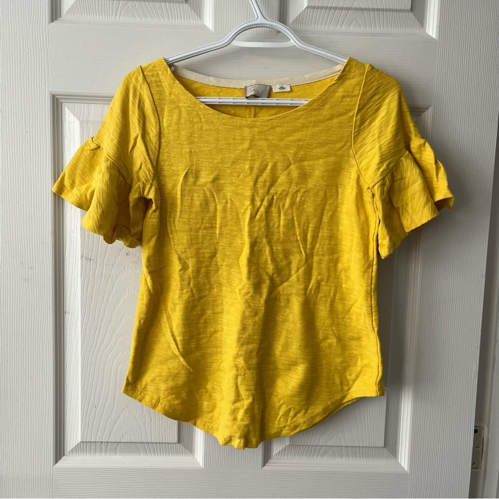 Anthropologie yellow ruffle sleeve top, XS